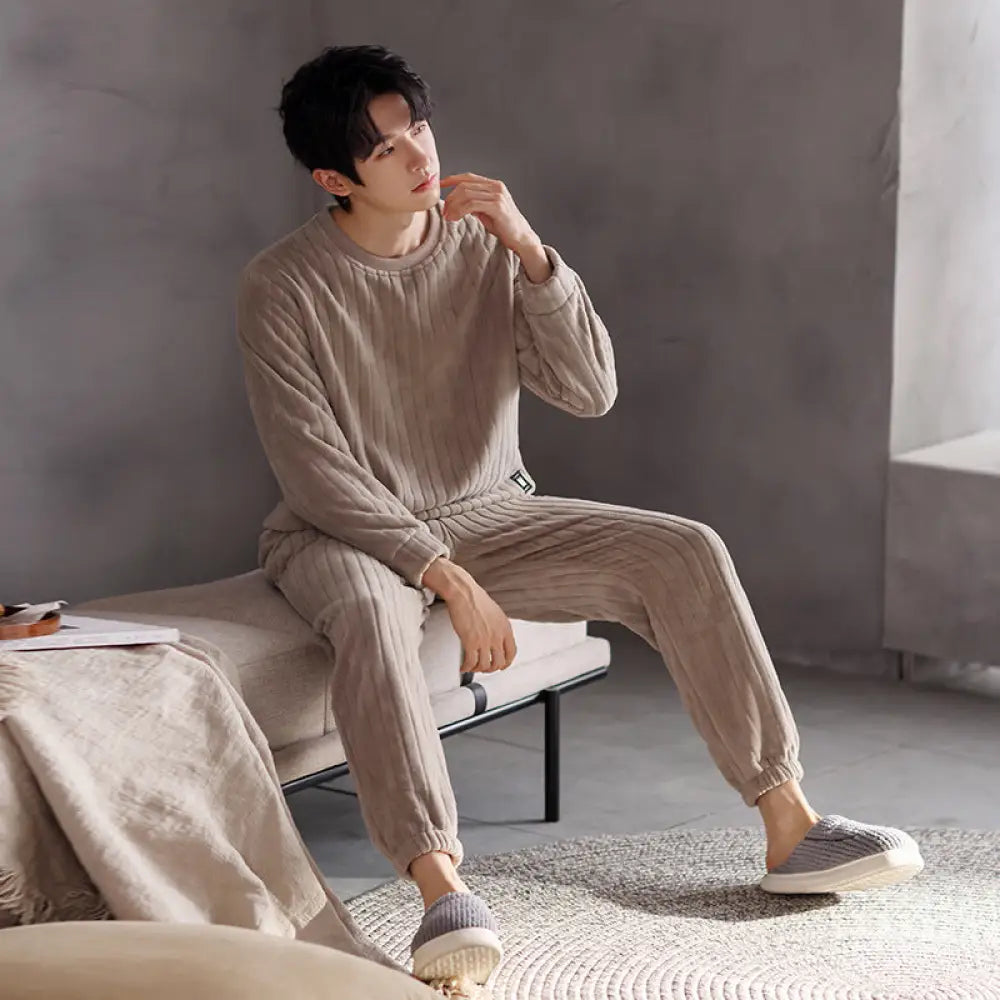 カップル パジャマ フリース ラウンドネック プルオーバー 厚手 フリース 無地 ルームウェア セット 部屋着 あったか 暖かい 結婚祝い ID3720 タイプ④ / メンズL コーディネート＞ペアルック