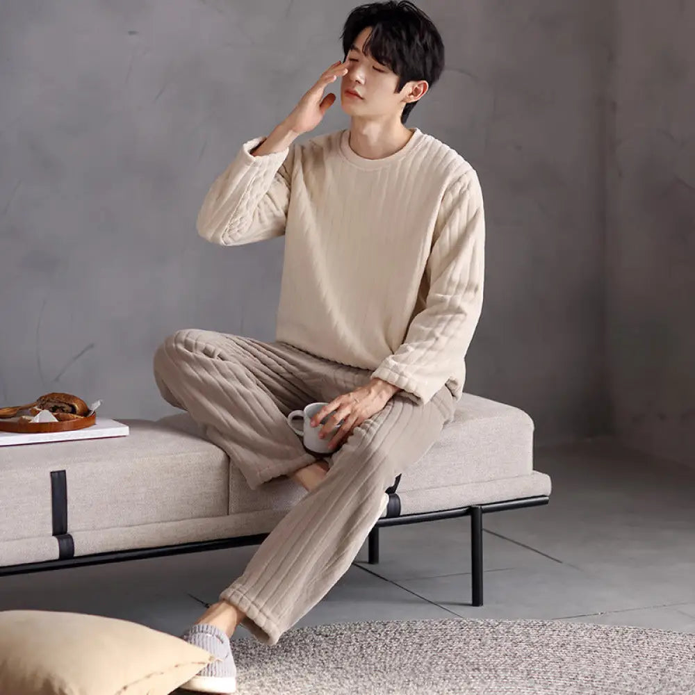 カップル パジャマ フリース ラウンドネック プルオーバー 厚手 フリース 無地 ルームウェア セット 部屋着 あったか 暖かい 結婚祝い ID3720 タイプ② / メンズL コーディネート＞ペアルック