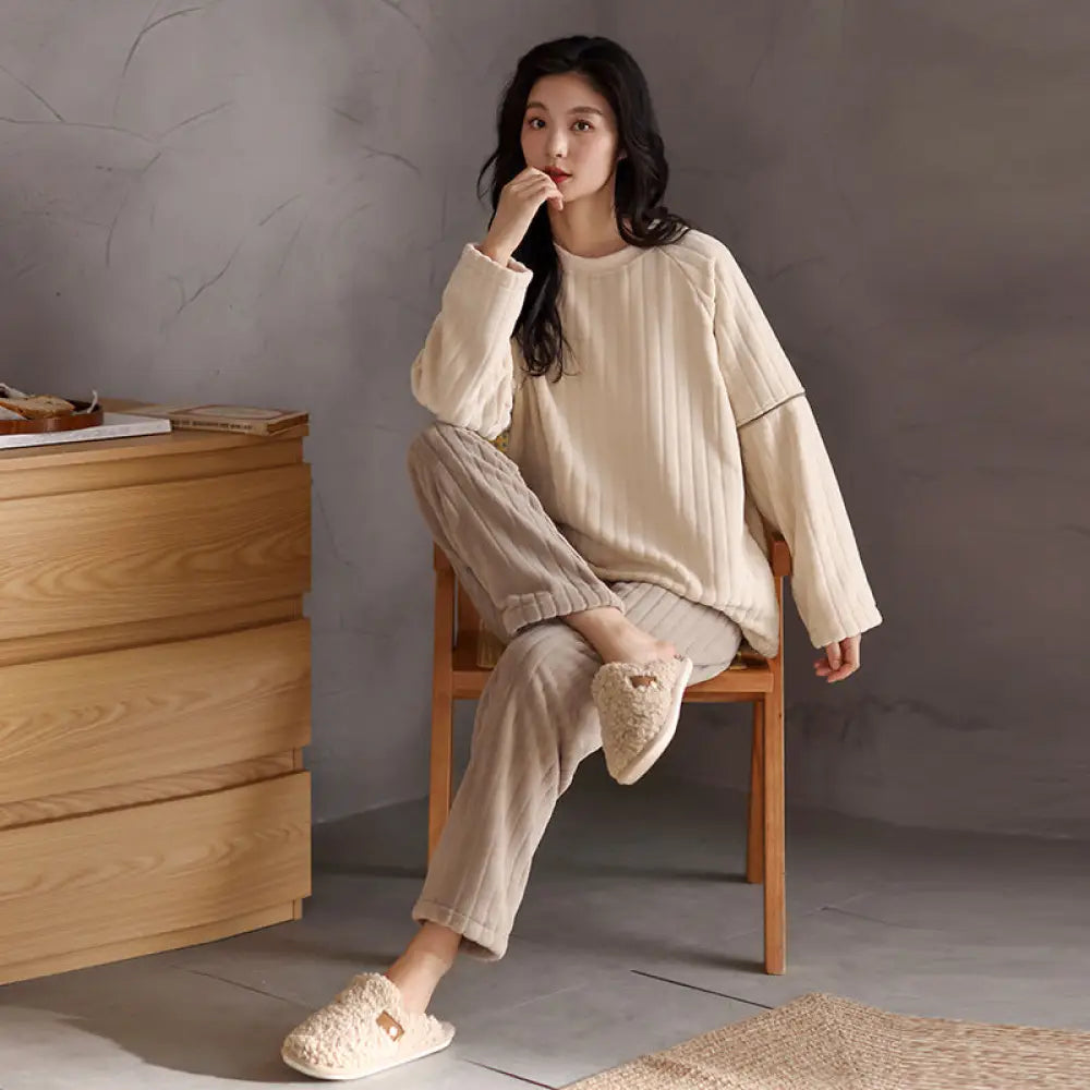 カップル パジャマ フリース ラウンドネック プルオーバー 厚手 フリース 無地 ルームウェア セット 部屋着 あったか 暖かい 結婚祝い ID3720 タイプ① / レディースＭ コーディネート＞ペアルック