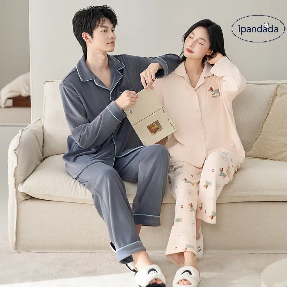 カップル パジャマ 可愛いカートゥーン 男女兼用 冬季 薄起毛 柔らかい 保温 ホームウェア 2 点セット ID2970