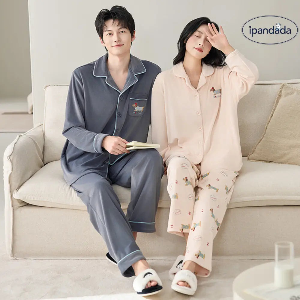 カップル パジャマ 可愛いカートゥーン 男女兼用 冬季 薄起毛 柔らかい 保温 ホームウェア 2 点セット ID2970