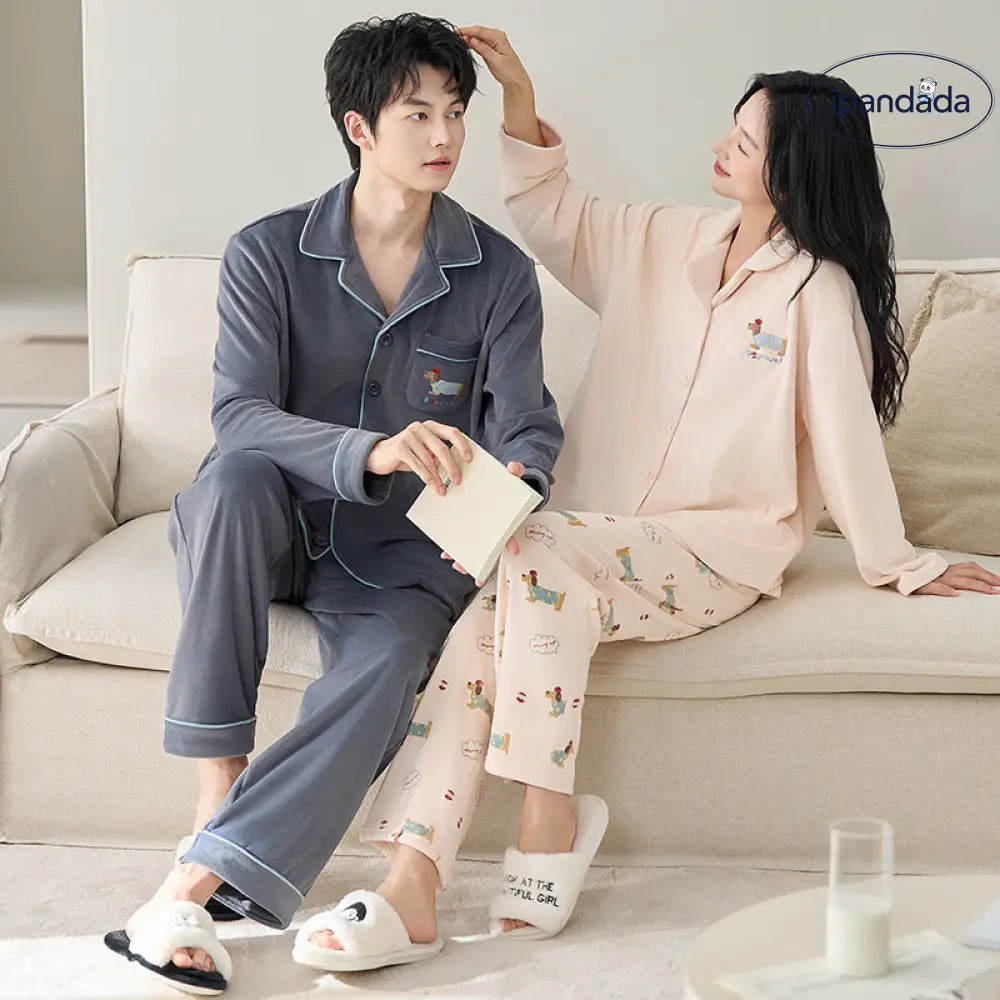 カップル パジャマ 可愛いカートゥーン 男女兼用 冬季 薄起毛 柔らかい 保温 ホームウェア 2 点セット ID2970