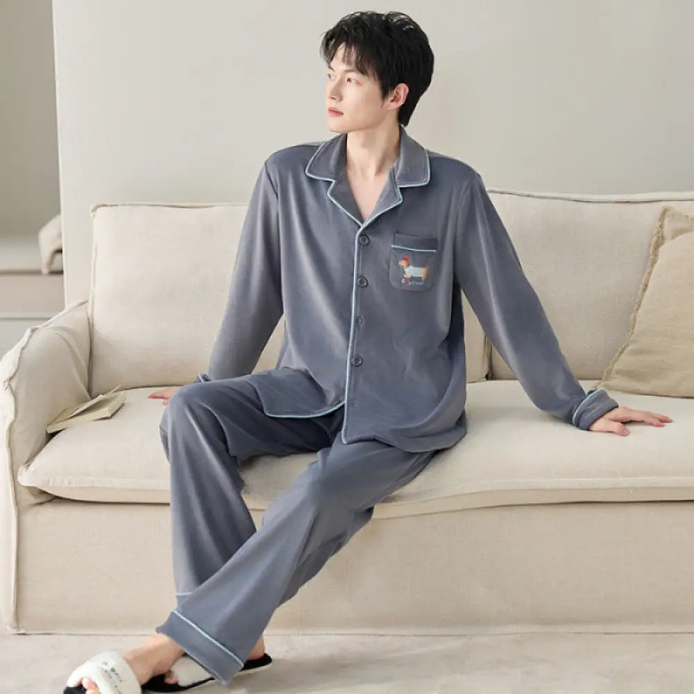 カップル パジャマ 可愛いカートゥーン 男女兼用 冬季 薄起毛 柔らかい 保温 ホームウェア 2 点セット ID2970 写真通り / メンズL