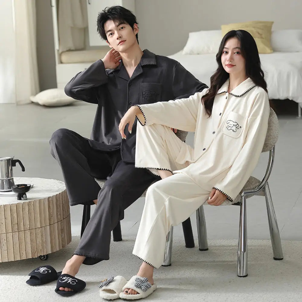 カップル パジャマ 男女 セット 襟付き カーディガン カートゥーン レディース ナイトウェア 厚手 長袖 部屋着 ルームウェア ID3734 タイプ① / レディースＭ コーディネート＞ペアルック