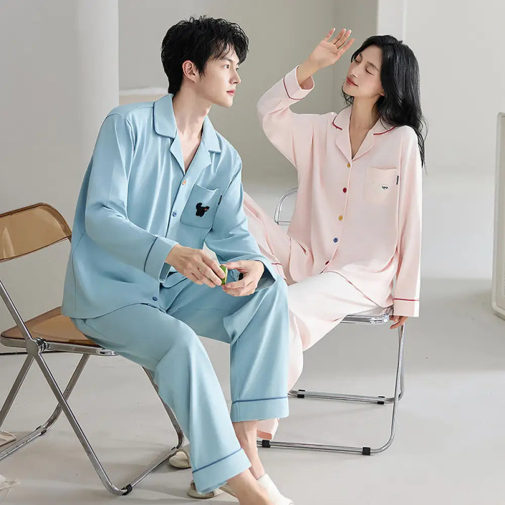 カップル パジャマ 男女用 春秋用 コットン カーディガン 長袖 カートゥーン シンプル ホームウェア セット ID4137 タイプ① / レディースＭ