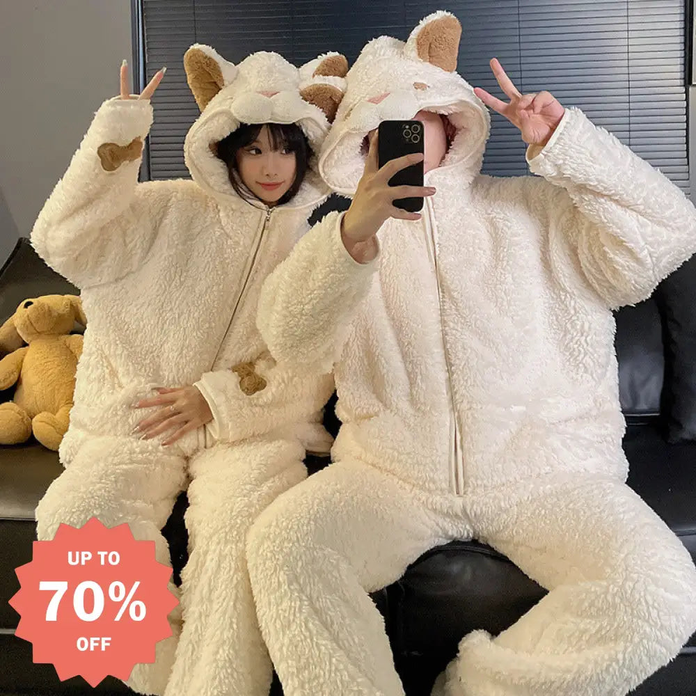 カップル パジャマ 女性 男性 かわいい カートゥーン ベア ローブ コーラルフリース フリース 厚手 保温 フード付き ルームウェア セット メンズ ID3751 アイボリー / レディースＭ
