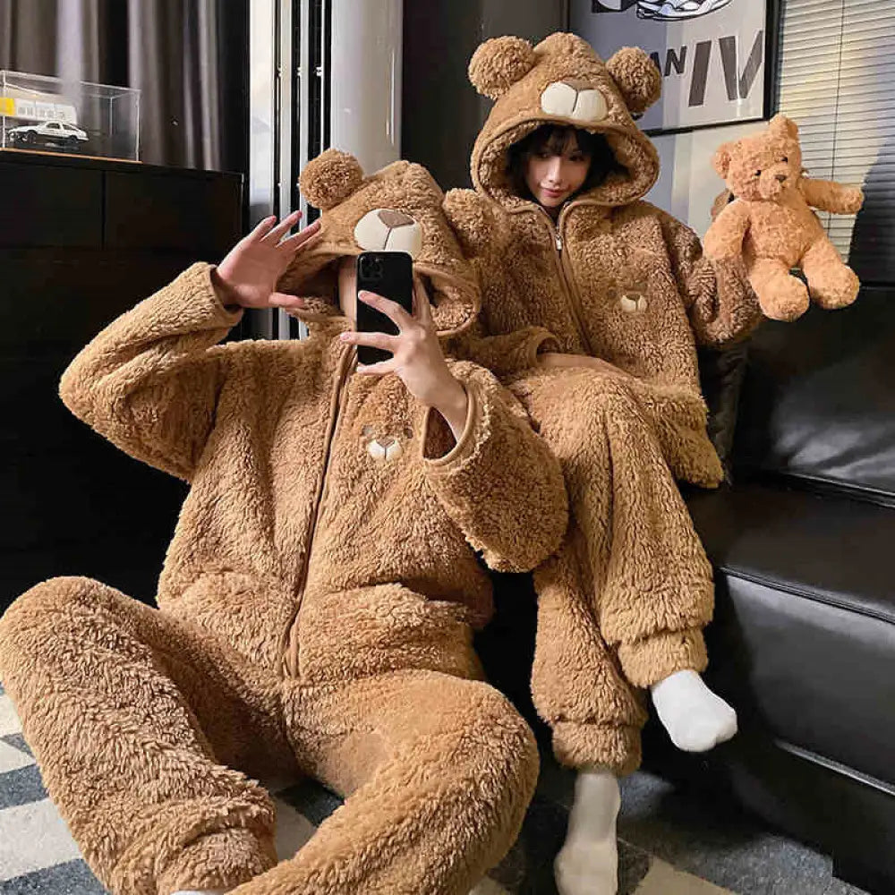 カップル パジャマ 女性 男性 かわいい カートゥーン ベア ローブ コーラルフリース フリース 厚手 保温 フード付き ルームウェア セット メンズ ID3751 ブラウン / レディースＭ