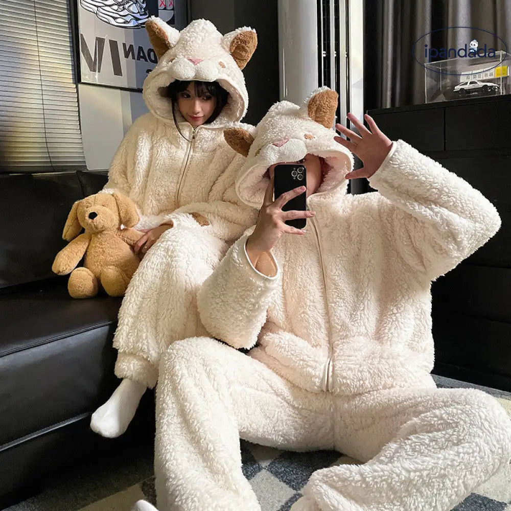 カップル パジャマ 女性 男性 かわいい カートゥーン ベア ローブ コーラルフリース フリース 厚手 保温 フード付き ルームウェア セット メンズ ID3751