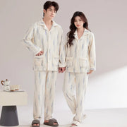 カップル パジャマ 女性 秋冬用 コーラルフリース 裏起毛 厚手 冬用 男性用 フランネル ルームウェア セット ID2791