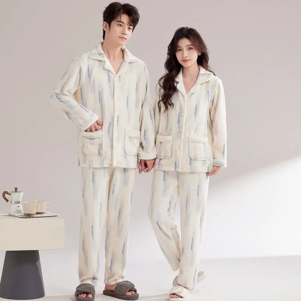 カップル パジャマ 女性 秋冬用 コーラルフリース 裏起毛 厚手 冬用 男性用 フランネル ルームウェア セット ID2791