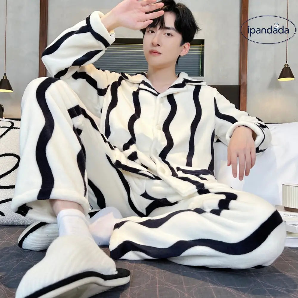 カップル パジャマ 女性 秋冬用 コーラルフリース 裏起毛 厚手 冬用 男性用 フランネル ルームウェア セット ID2791