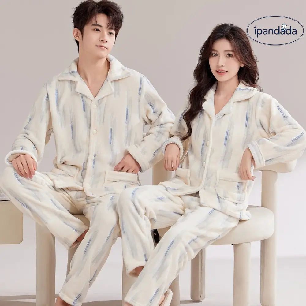 カップル パジャマ 女性 秋冬用 コーラルフリース 裏起毛 厚手 冬用 男性用 フランネル ルームウェア セット ID2791