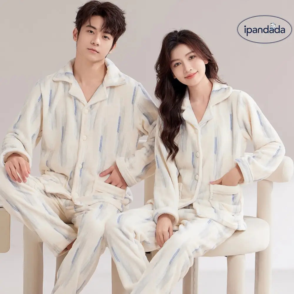 カップル パジャマ 女性 秋冬用 コーラルフリース 裏起毛 厚手 冬用 男性用 フランネル ルームウェア セット ID2791