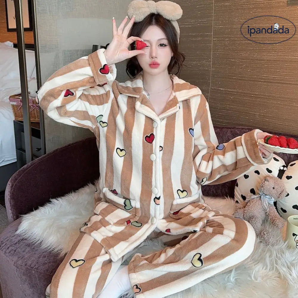 カップル パジャマ 女性 秋冬用 コーラルフリース 裏起毛 厚手 冬用 男性用 フランネル ルームウェア セット ID2791