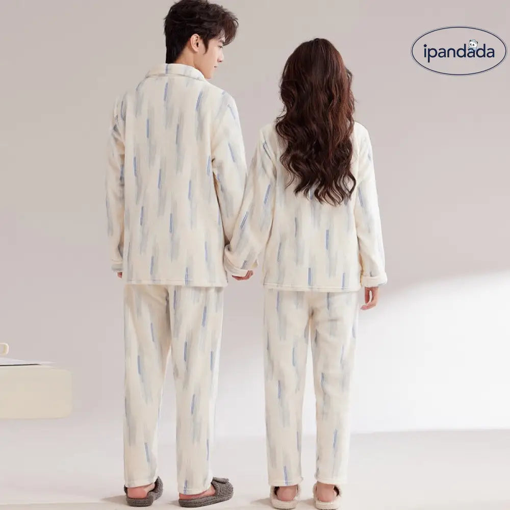 カップル パジャマ 女性 秋冬用 コーラルフリース 裏起毛 厚手 冬用 男性用 フランネル ルームウェア セット ID2791