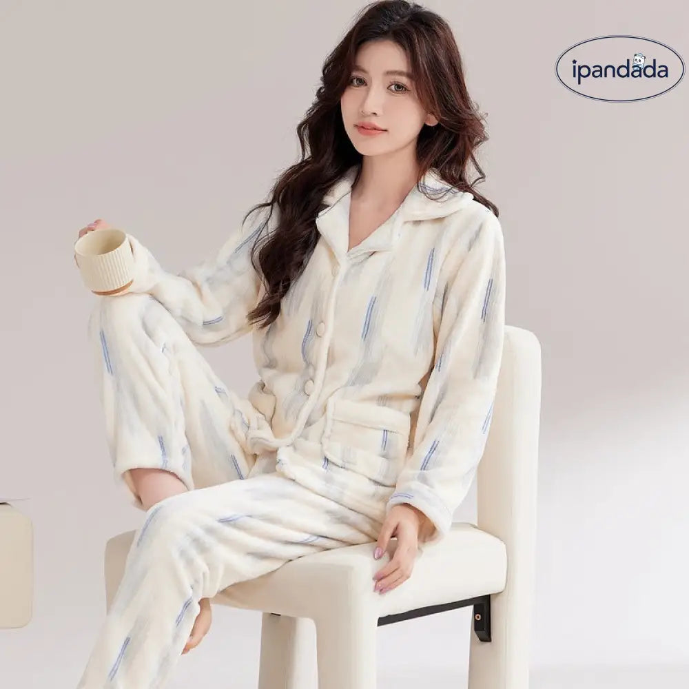カップル パジャマ 女性 秋冬用 コーラルフリース 裏起毛 厚手 冬用 男性用 フランネル ルームウェア セット ID2791