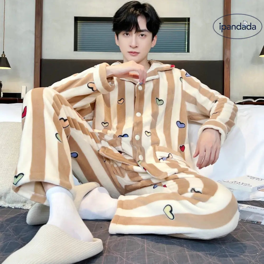 カップル パジャマ 女性 秋冬用 コーラルフリース 裏起毛 厚手 冬用 男性用 フランネル ルームウェア セット ID2791