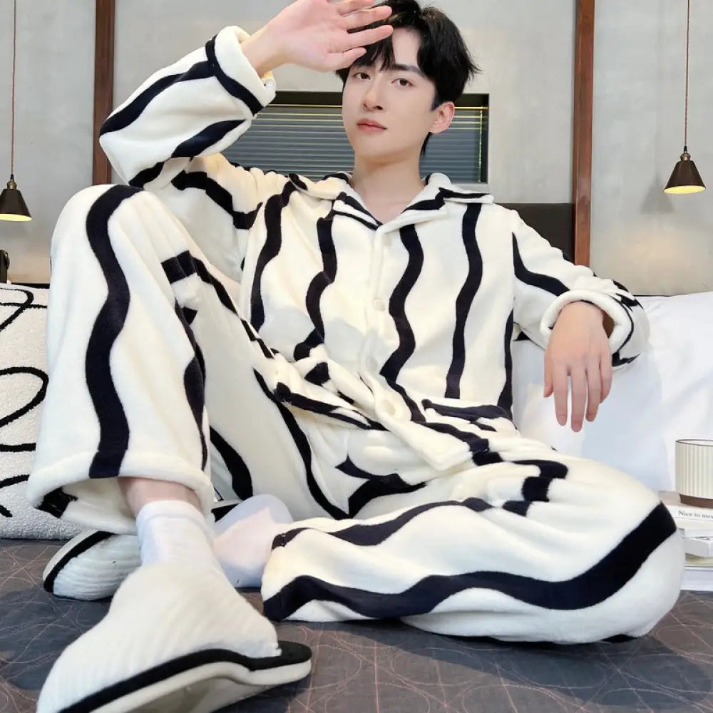 カップル パジャマ 女性 秋冬用 コーラルフリース 裏起毛 厚手 冬用 男性用 フランネル ルームウェア セット ID2791 タイプ③ / メンズL