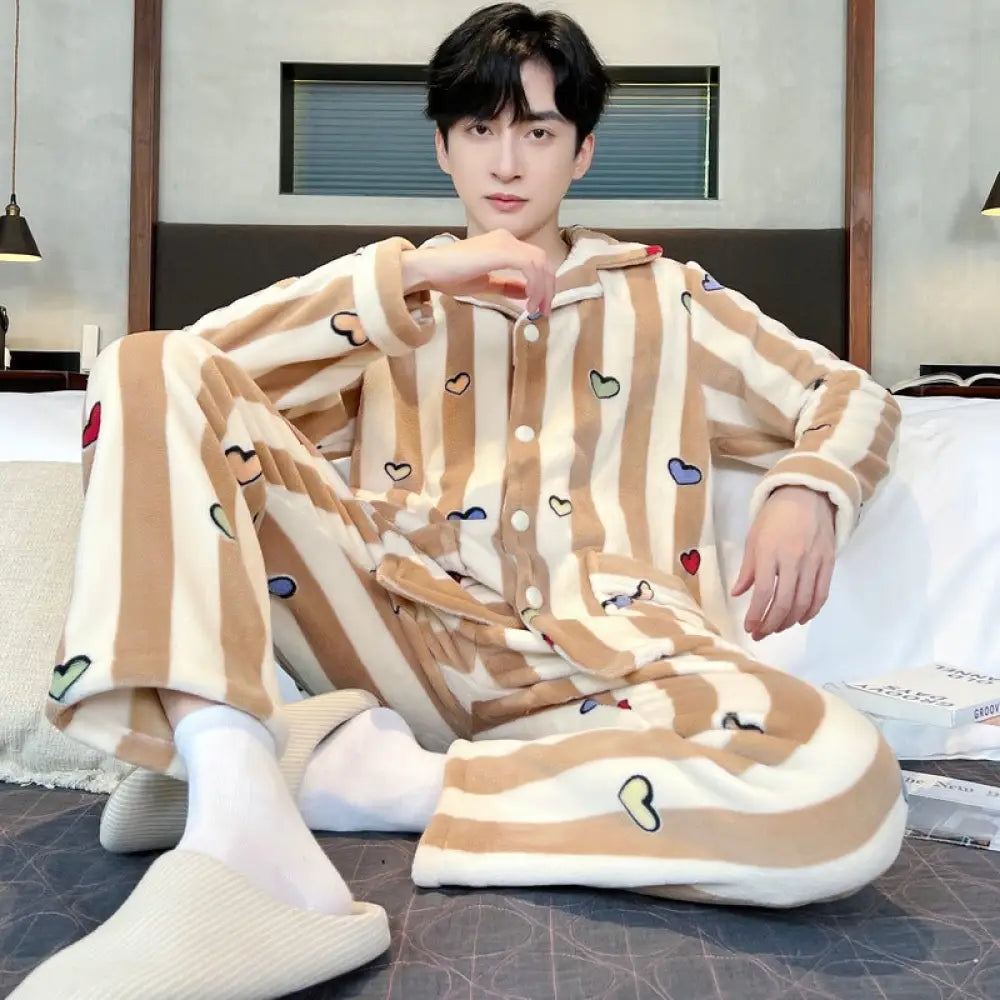 カップル パジャマ 女性 秋冬用 コーラルフリース 裏起毛 厚手 冬用 男性用 フランネル ルームウェア セット ID2791 タイプ② / メンズL