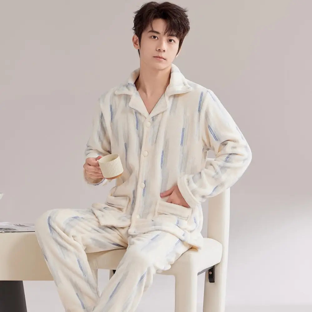 カップル パジャマ 女性 秋冬用 コーラルフリース 裏起毛 厚手 冬用 男性用 フランネル ルームウェア セット ID2791 タイプ① / メンズL