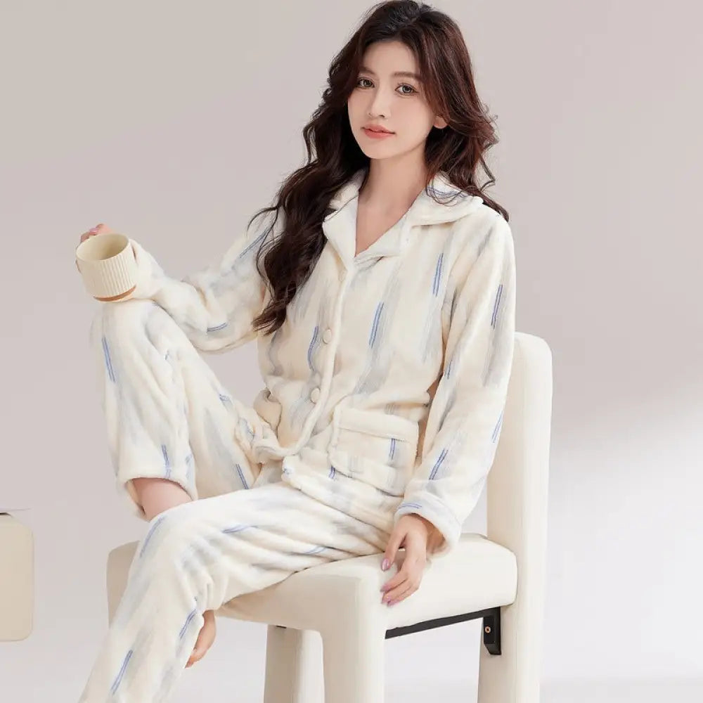 カップル パジャマ 女性 秋冬用 コーラルフリース 裏起毛 厚手 冬用 男性用 フランネル ルームウェア セット ID2791 タイプ① / レディースＭ