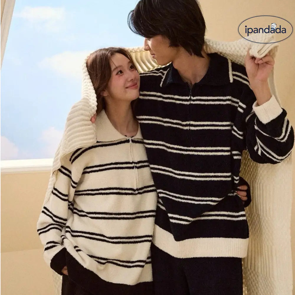 カップル パジャマ 女性用 韓国風 ストライプ 厚手 フリース ナイトウェア かわいい 可愛い 暖かい ルームウェアセット ID3700 コーディネート＞ペアルック