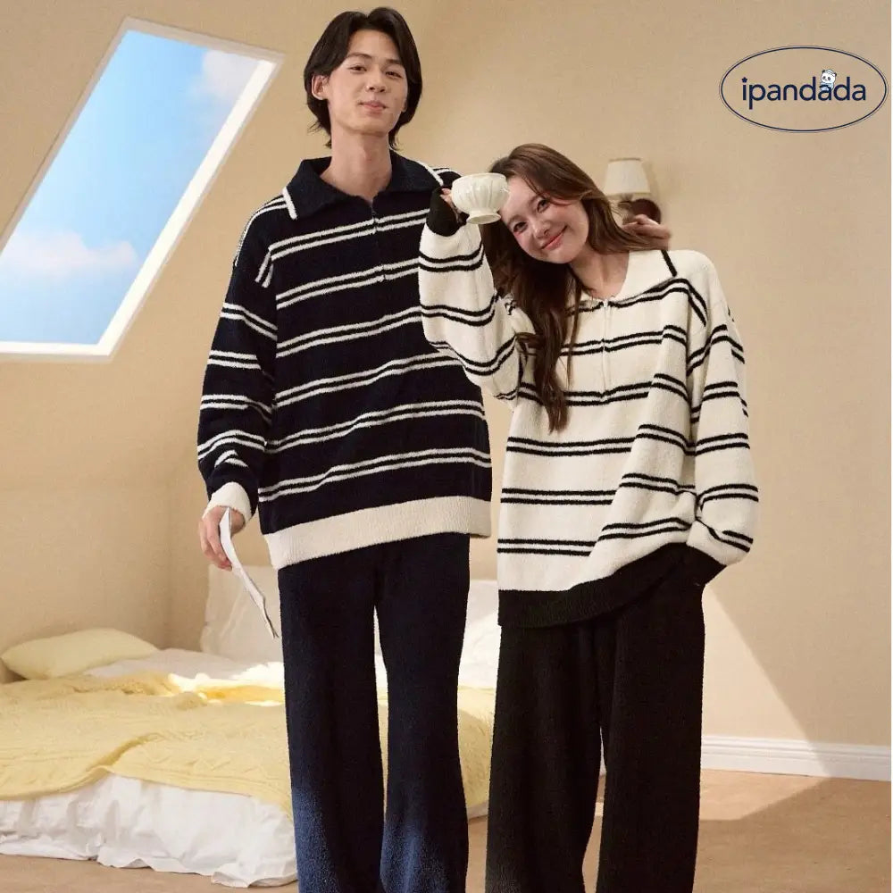 カップル パジャマ 女性用 韓国風 ストライプ 厚手 フリース ナイトウェア かわいい 可愛い 暖かい ルームウェアセット ID3700 コーディネート＞ペアルック