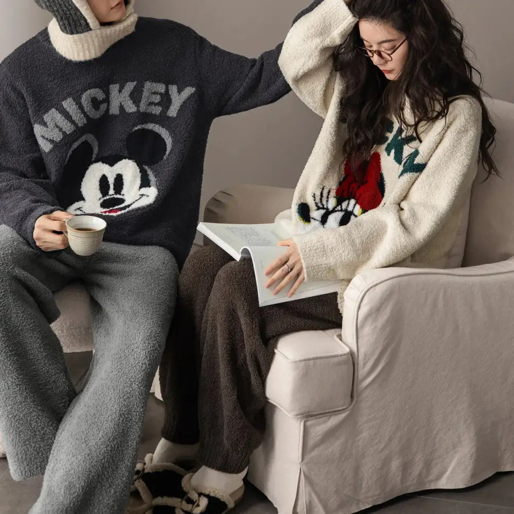 カップル パジャマ 女性用 男性用 冬 カートゥーン ラウンドネック フリース セット ミッキー ルームウェア ID3701 コーディネート＞ペアルック