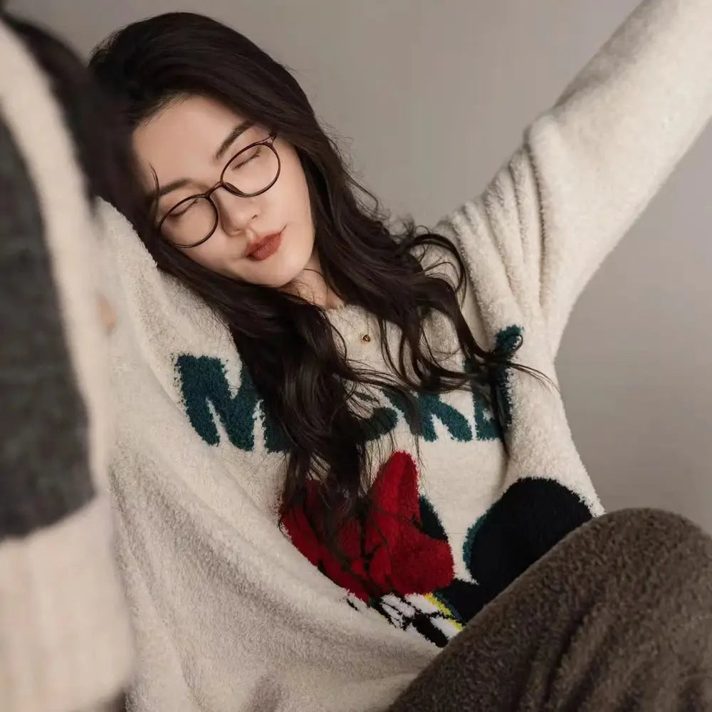 カップル パジャマ 女性用 男性用 冬 カートゥーン ラウンドネック フリース セット ミッキー ルームウェア ID3701 写真通り / 女性用 フリー コーディネート＞ペアルック