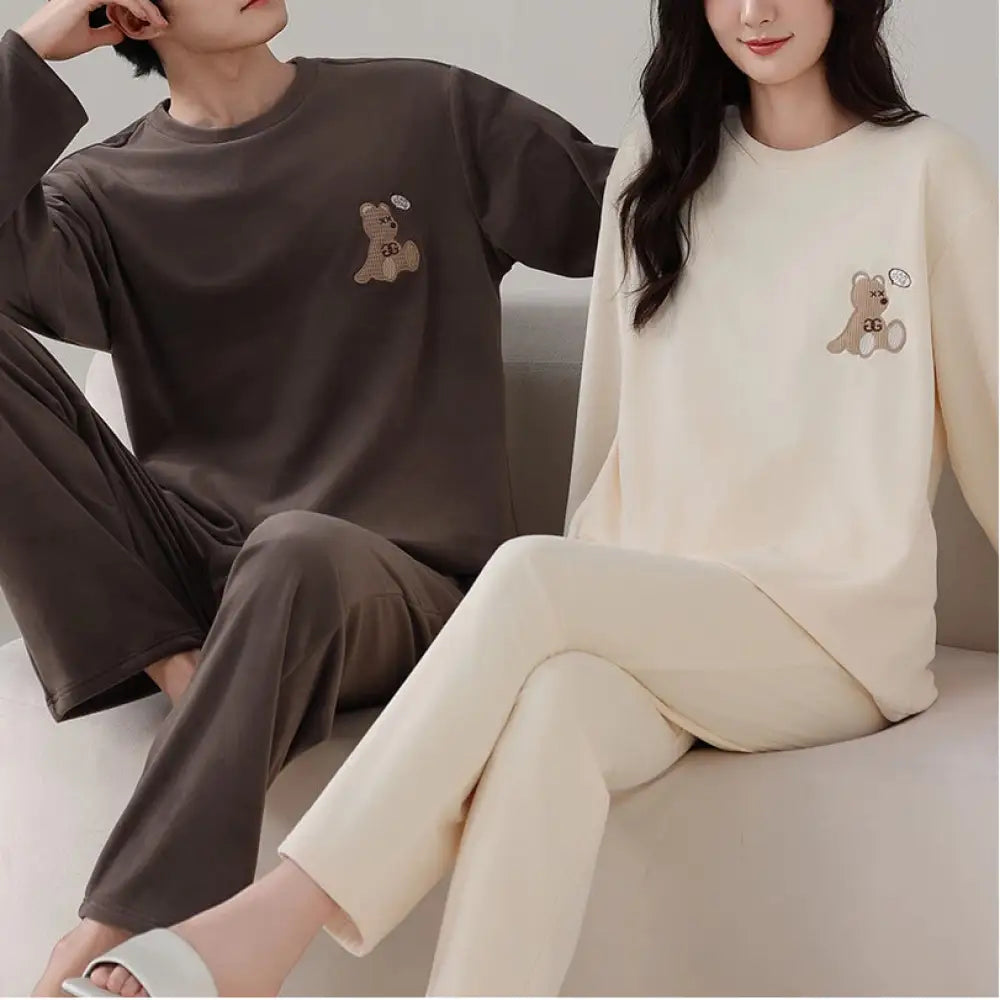 カップル パジャマ 女性用 男性用 ラウンドネック プルオーバー 長袖 ホームウェア セット ID4141