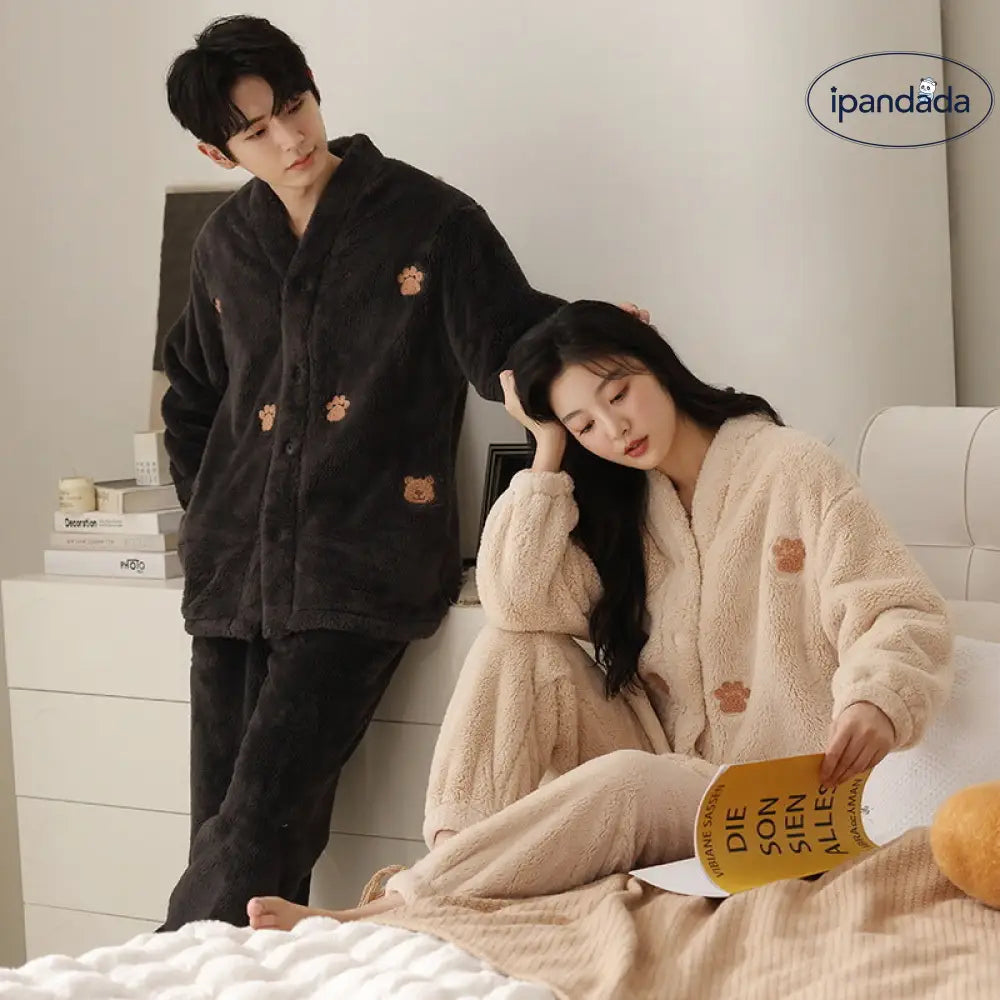 カップル パジャマ 秋冬 フリース 裏起毛 厚手 フランネル 冬用 カーディガン ルームウェアセット ID3916