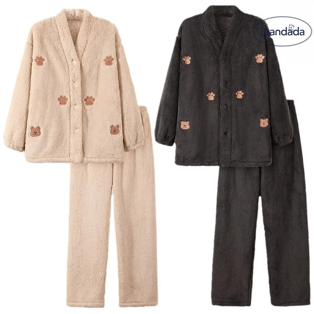 カップル パジャマ 秋冬 フリース 裏起毛 厚手 フランネル 冬用 カーディガン ルームウェアセット ID3916