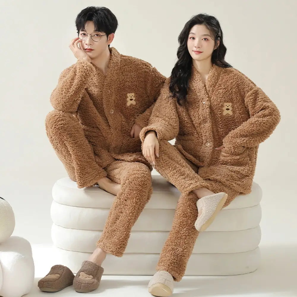 カップル パジャマ 秋冬 フリース 裏起毛 厚手 フランネル 冬用 カーディガン ルームウェアセット ID3916 タイプ③ / レディースＭ