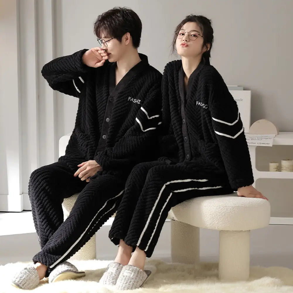 カップル パジャマ 秋冬 フリース 裏起毛 厚手 フランネル 冬用 カーディガン ルームウェアセット ID3916 タイプ⑤ / レディースＭ