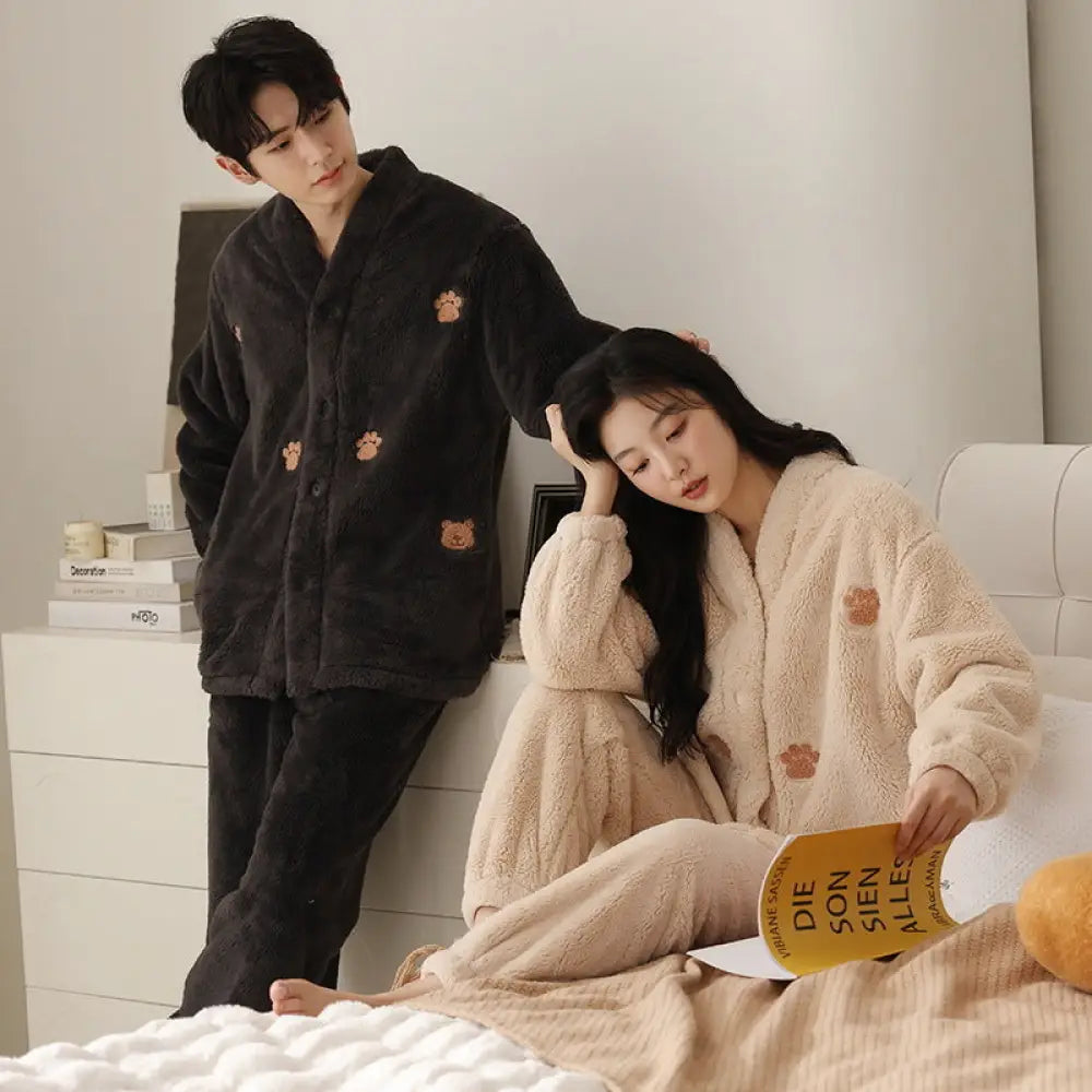 カップル パジャマ 秋冬 フリース 裏起毛 厚手 フランネル 冬用 カーディガン ルームウェアセット ID3916 タイプ① / レディースＭ