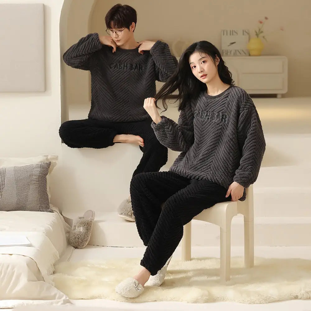 カップル パジャマ 秋冬 厚手 ペア お揃い 暖かい フリース スウェット プルオーバー ラウンドネック 保温 ルームウェア セットアップ カジュアル ID3861 タイプ③ / レディースＭ コーディネート＞ペアルック