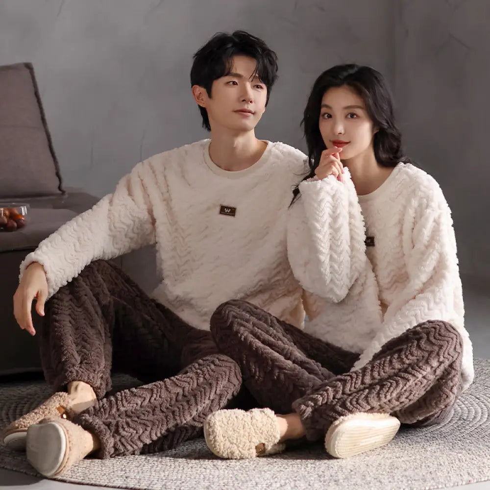 カップル パジャマ 秋冬 厚手 ペア お揃い 暖かい フリース スウェット プルオーバー ラウンドネック 保温 ルームウェア セットアップ カジュアル ID3861 タイプ① / レディースＭ コーディネート＞ペアルック