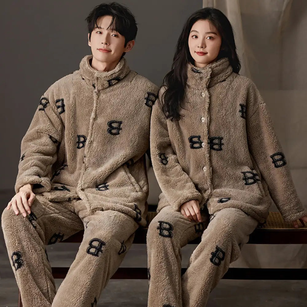 カップル パジャマ 秋冬 コーラルフリース メンズ レディース 厚手 フランネル フード付き 冬用 ID3084 タイプ⑤ / レディースＭ