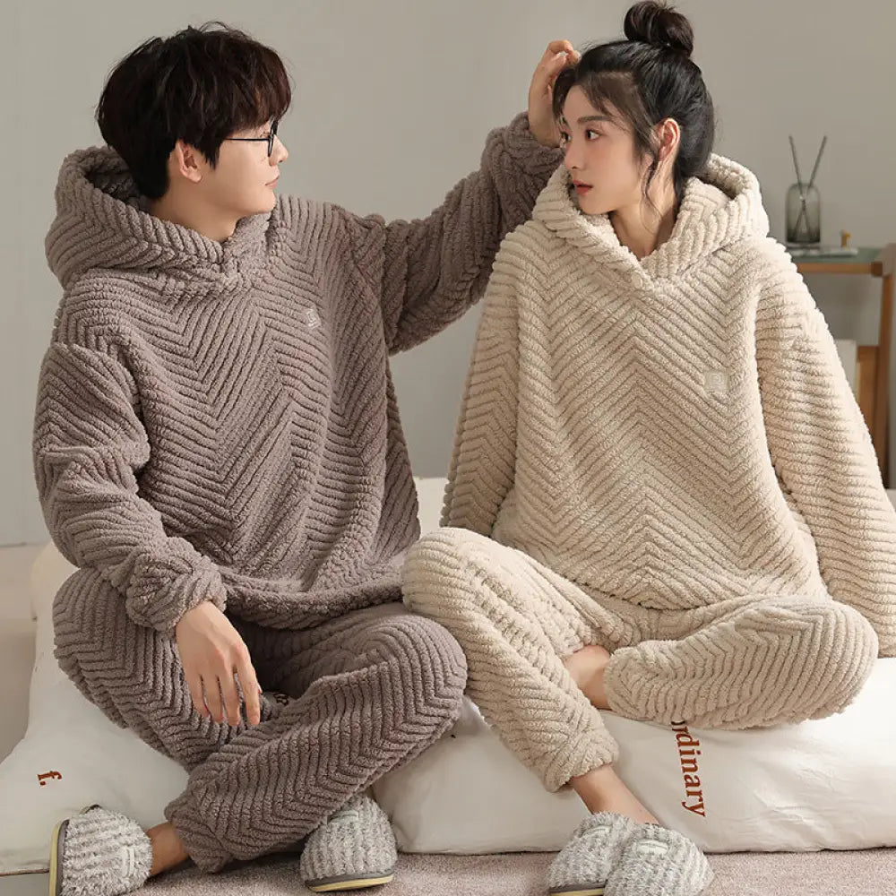 カップル パジャマ 秋冬 コーラルフリース メンズ レディース 厚手 フランネル フード付き 冬用 ID3084 タイプ⑨ / レディースＭ