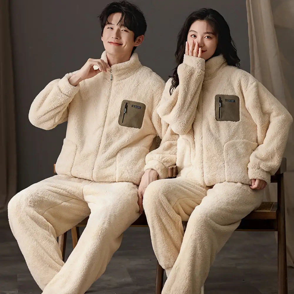 カップル パジャマ 秋冬 コーラルフリース メンズ レディース 厚手 フランネル フード付き 冬用 ID3084 タイプ① / レディースＭ