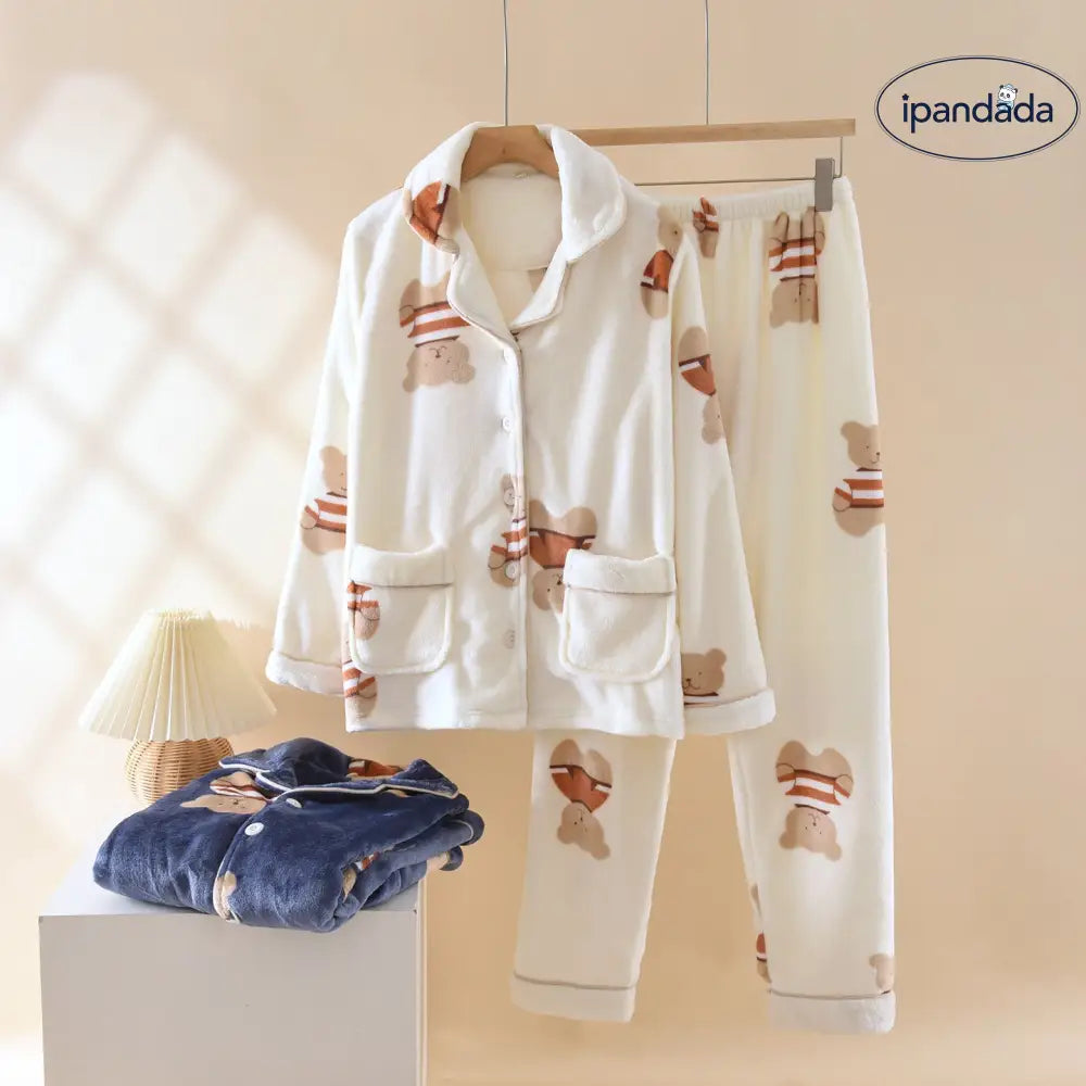 カップル パジャマ 秋冬 コーラルフリース 男女加厚 加フリース 長袖 長ズボン フランネル 保温 ルームウェア セット ID2934