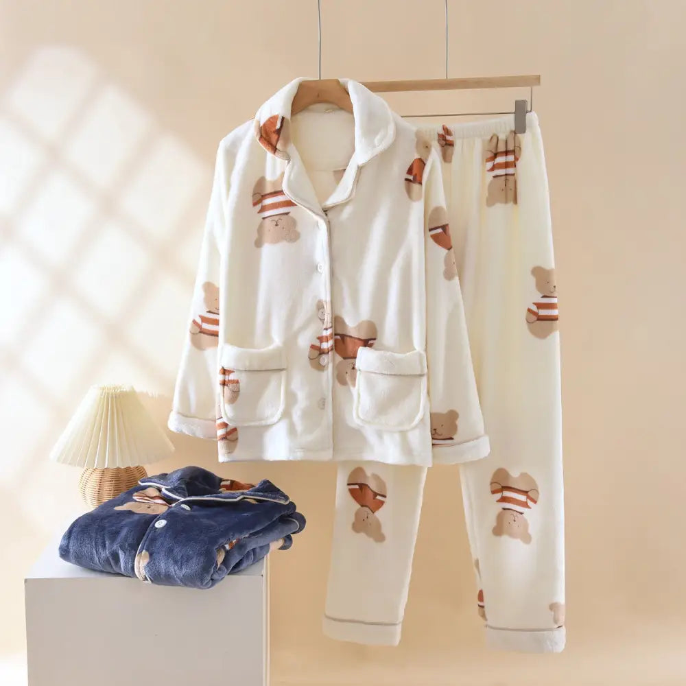 カップル パジャマ 秋冬 コーラルフリース 男女加厚 加フリース 長袖 長ズボン フランネル 保温 ルームウェア セット ID2934 女性 アイボリー / M