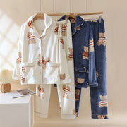 カップル パジャマ 秋冬 コーラルフリース 男女加厚 加フリース 長袖 長ズボン フランネル 保温 ルームウェア セット ID2934