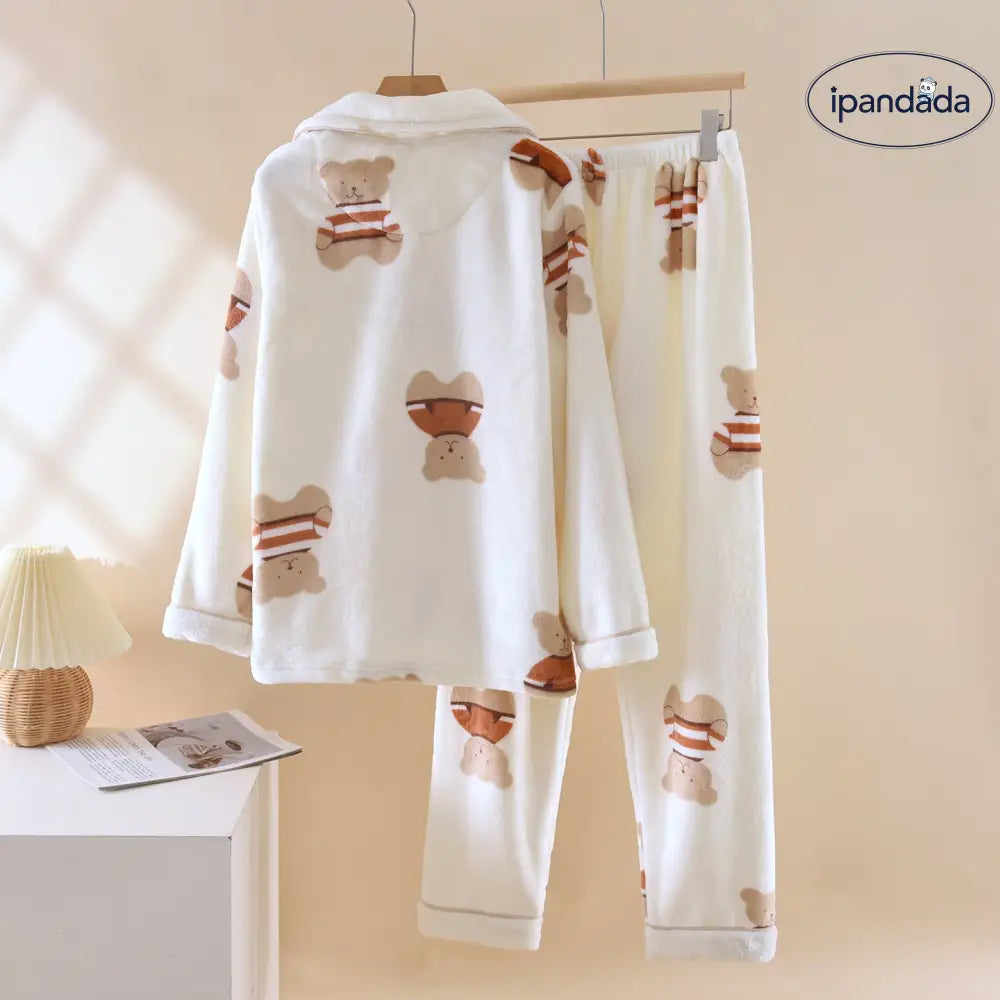 カップル パジャマ 秋冬 コーラルフリース 男女加厚 加フリース 長袖 長ズボン フランネル 保温 ルームウェア セット ID2934