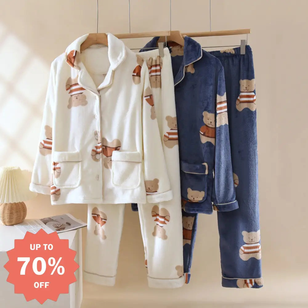 カップル パジャマ 秋冬 コーラルフリース 男女加厚 加フリース 長袖 長ズボン フランネル 保温 ルームウェア セット ID2934