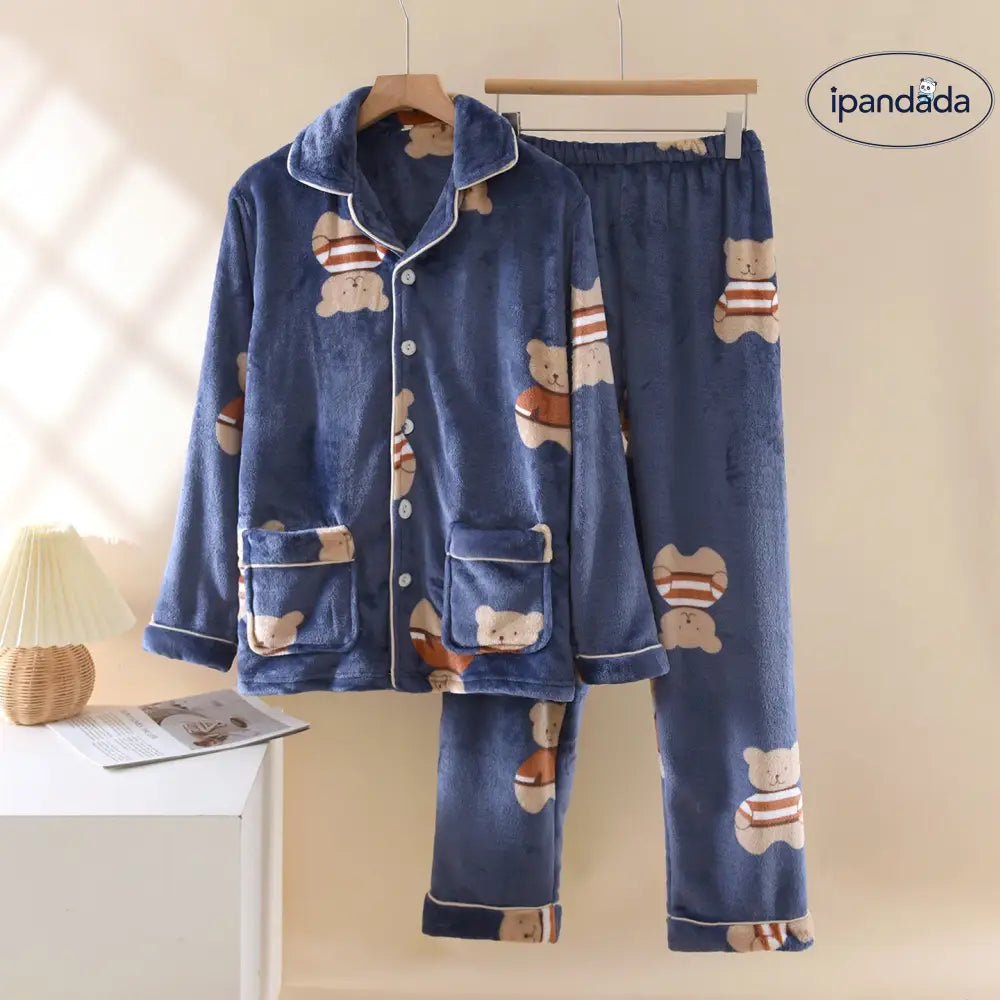 カップル パジャマ 秋冬 コーラルフリース 男女加厚 加フリース 長袖 長ズボン フランネル 保温 ルームウェア セット ID2934