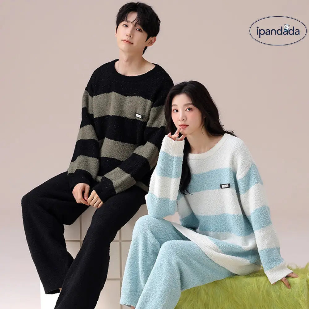 カップル パジャマ 秋冬 男性 シンプル ストライプ セット 冬 韓国版 コーラルフリース 女性用 ルームウェア ハーフフリース ID2940