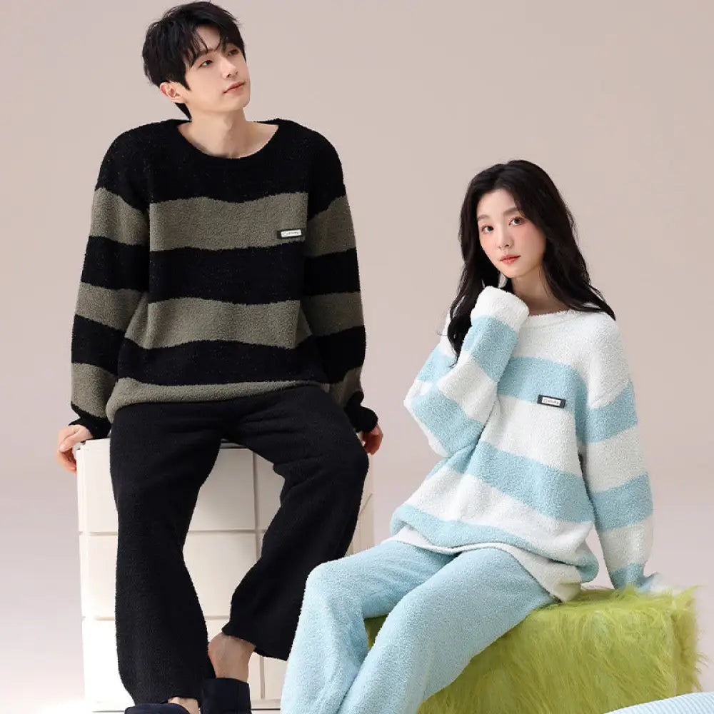 カップル パジャマ 秋冬 男性 シンプル ストライプ セット 冬 韓国版 コーラルフリース 女性用 ルームウェア ハーフフリース ID2940 タイプ① / レディースＭ