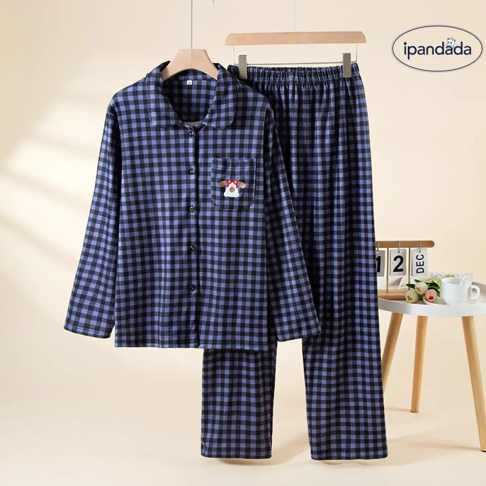 カップル パジャマ 秋冬用 薄手 フリース 保温 長袖 女性 ルームウェア デロン チェック柄 セット 男性用 冬用 裏起毛 ID2789