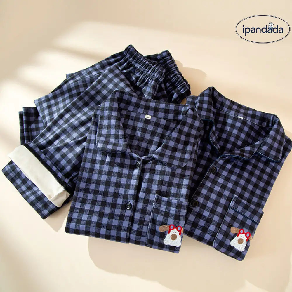 カップル パジャマ 秋冬用 薄手 フリース 保温 長袖 女性 ルームウェア デロン チェック柄 セット 男性用 冬用 裏起毛 ID2789